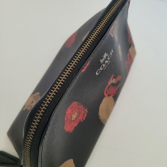 Coach Cosmetic Zip Case Coated Canvas Small Bag Zipper Black Red Floral Pouch - Picture 5 of 12